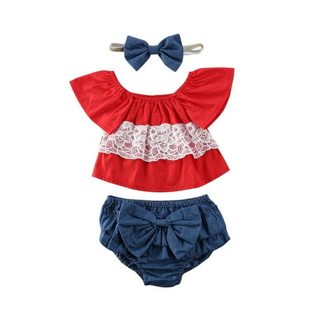 Baby Girl Summer Clothes Off Shoulder Lace Top and Denim Short with Headband Outfits Set 